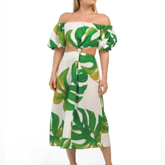 FARM RIO Linen Blend Monstera Midi Knot Dress - Picture 1 of 12